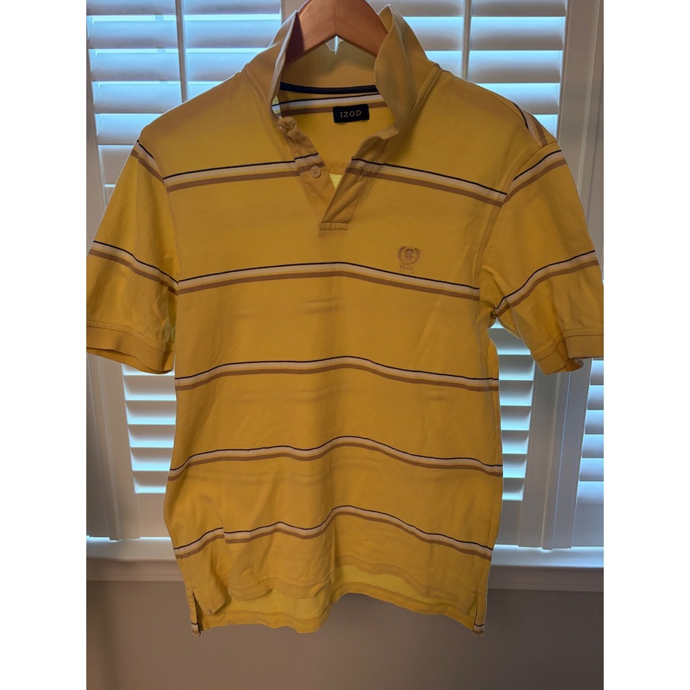 IZOD Mens Striped Polo Shirt Yellow Short Sleeve Cotton Pique Size S